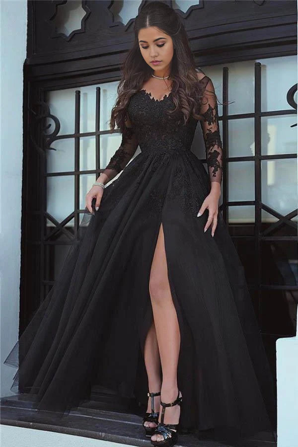 Glamoroso vestido formal de encaje negro de manga larga, vestido de fiesta, vestido de noche con abertura